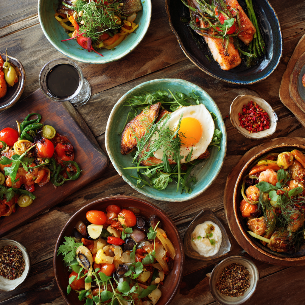 Masă elegantă cu alimente echilibrate și fresh